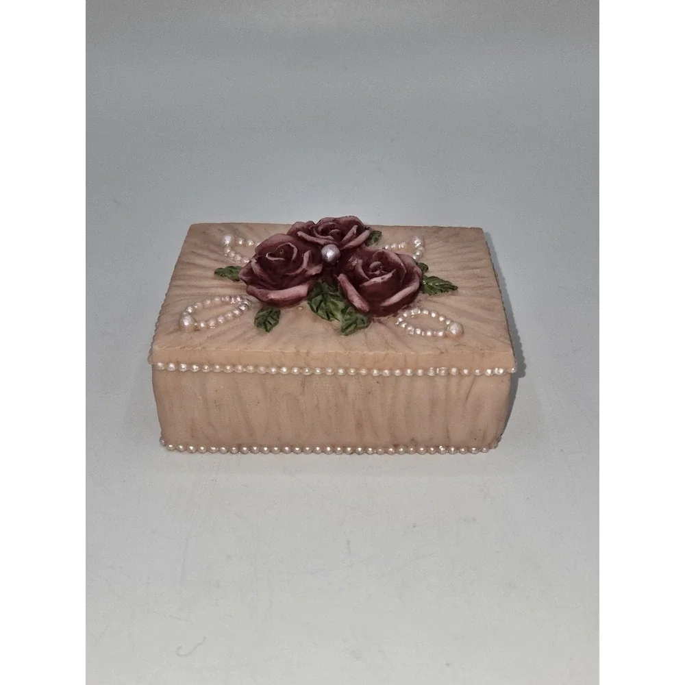 Vintage Rose Jewelry Box Trinket Box Faux Pearl Beaded Floral Keepsake Box
